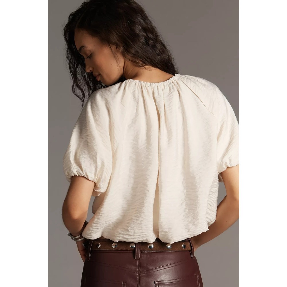 By Anthropologie Top Medium Crew-Neck Bubble Top Puffed Sleeves Romantic Boho - Picture 2 of 11